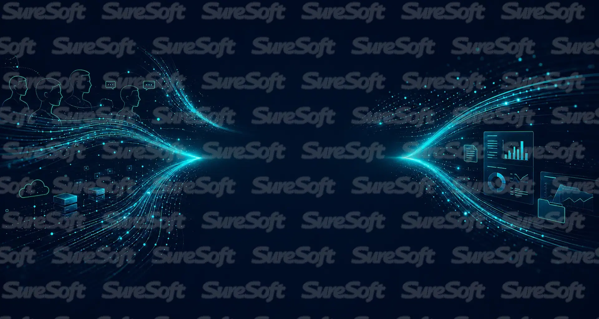 Abstract visualization of people, technology, and information converging